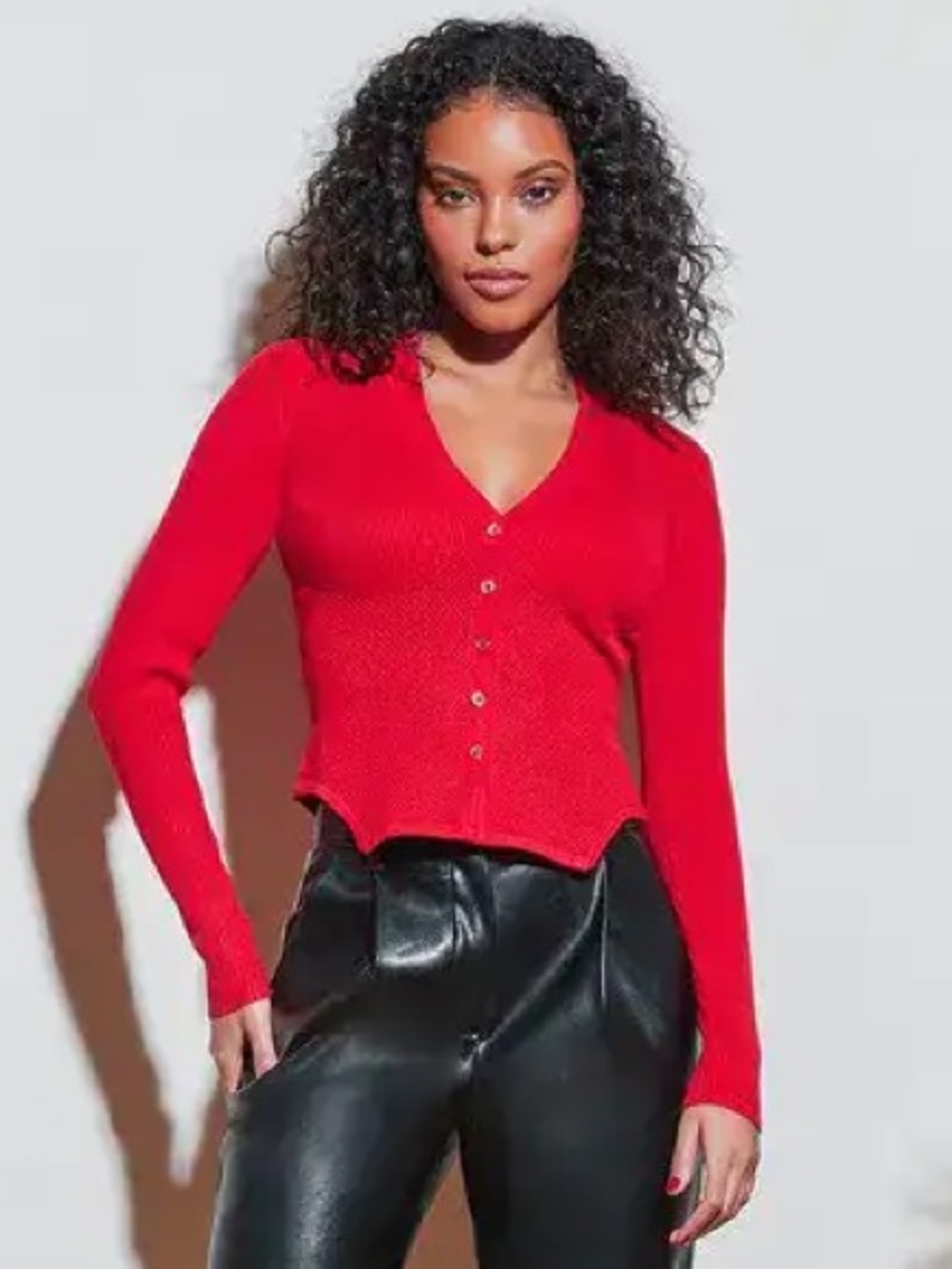 Fleur du Mal Red Corset Knit Cardigan Size L V-Neck Button Front